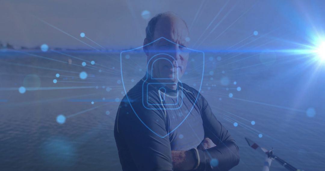 Senior Man in Boat with Digital Security Overlay on Lake