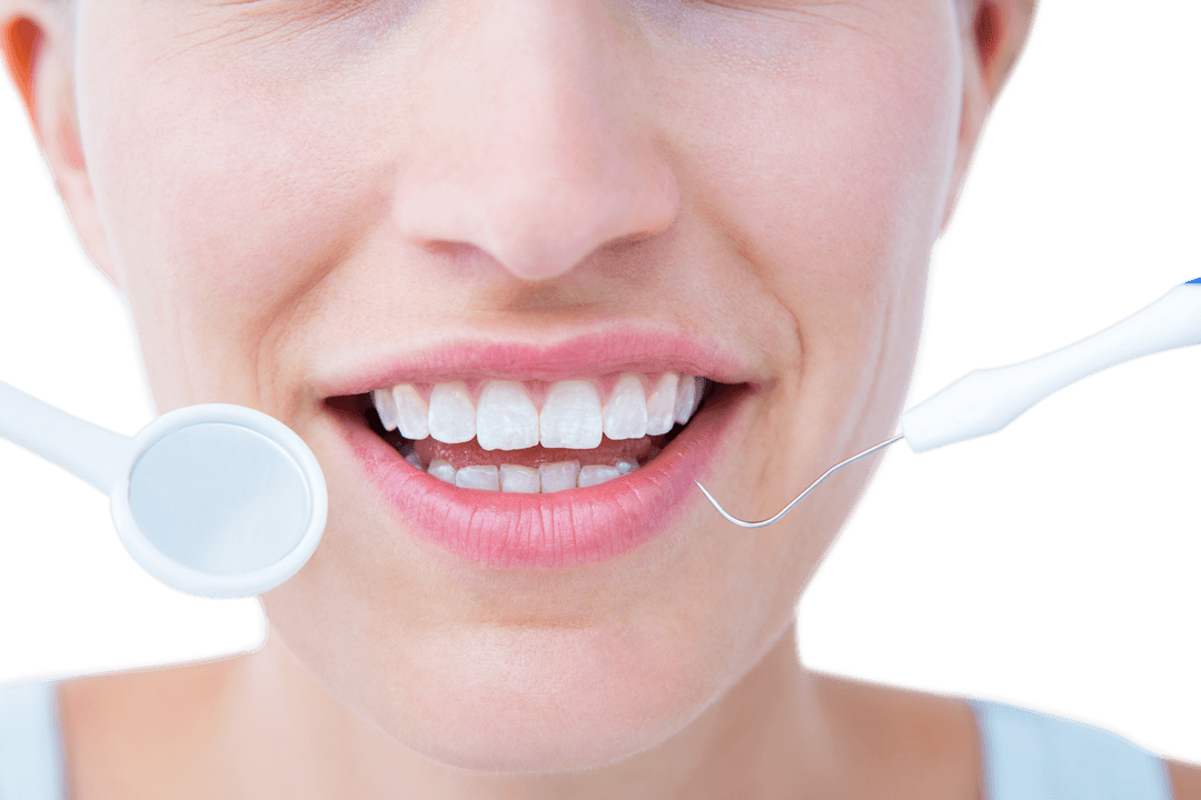 Transparent View of Smiling Woman Holding Dental Instruments