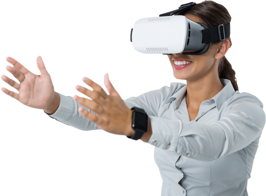 Woman Wearing VR Headset Engaging in Friendly Greeting - Transparent Background