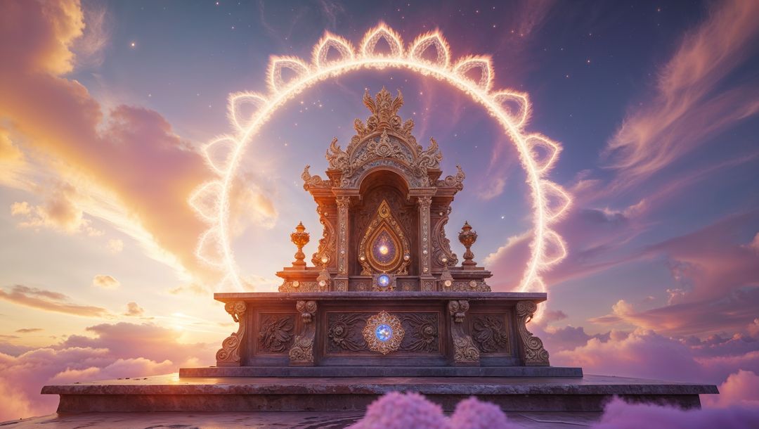 Ornate Shrine Hovering Above Clouds with Glowing Halo