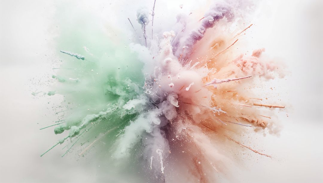 Central Powder Explosion Bursting Into Pastel Green and Peach Pigment Clouds Symmetric Splash
