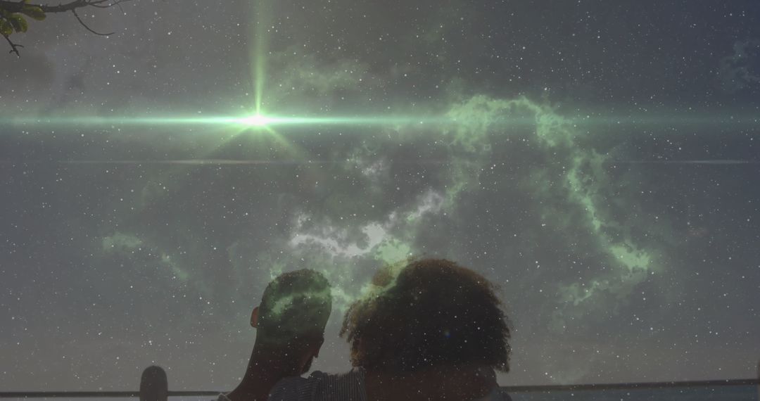 Couple Enjoying Stargazing Under Shimmering Green Nebula