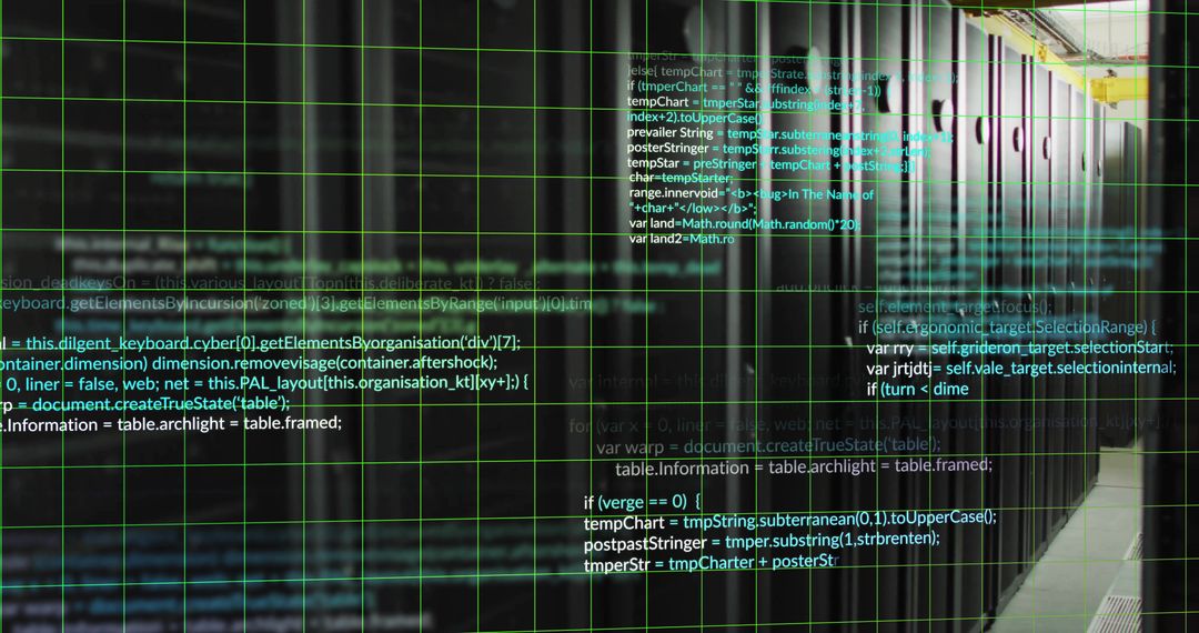 Futuristic Data Center with Code and LED Lights