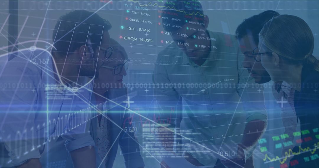 Business Team Collaborating Amidst Digital Charts and Data