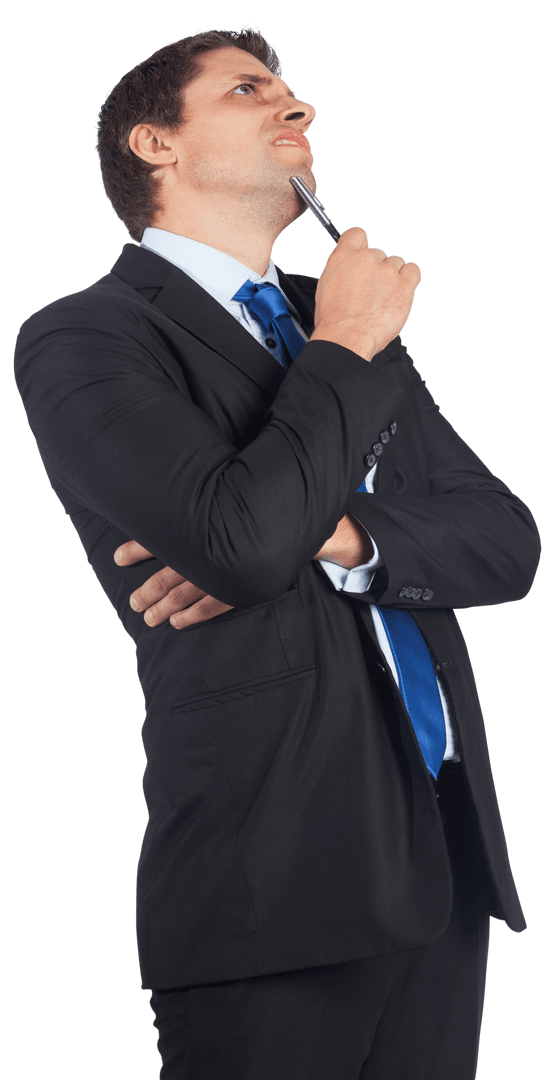 Thinking Businessman with Pen on Transparent Background
