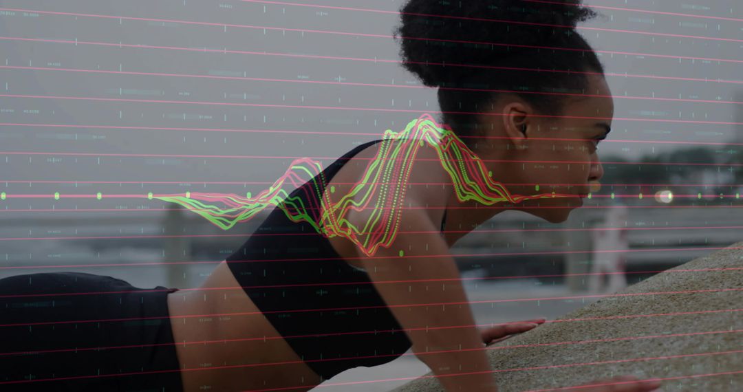Woman Holding Plank with Data Graph Overlay at Waterfront