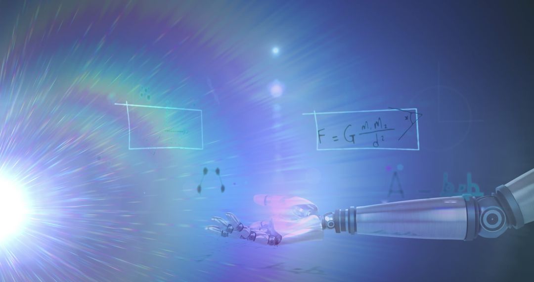 Futuristic Robotic Hand with Digital Math Symbols & Light Trails