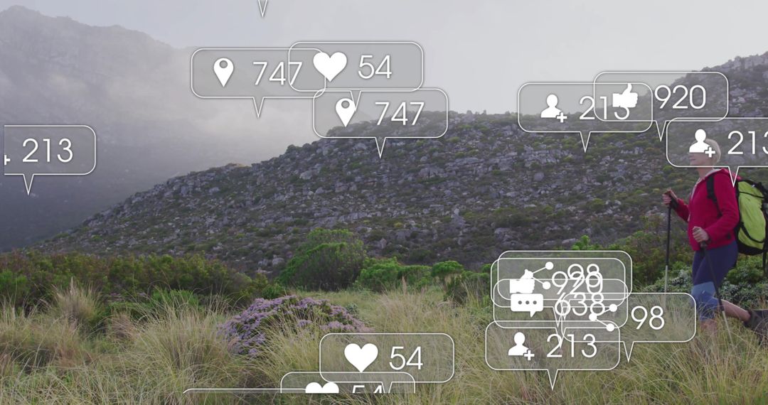 Adventurous Hiker with Social Media Elements in Misty Mountains
