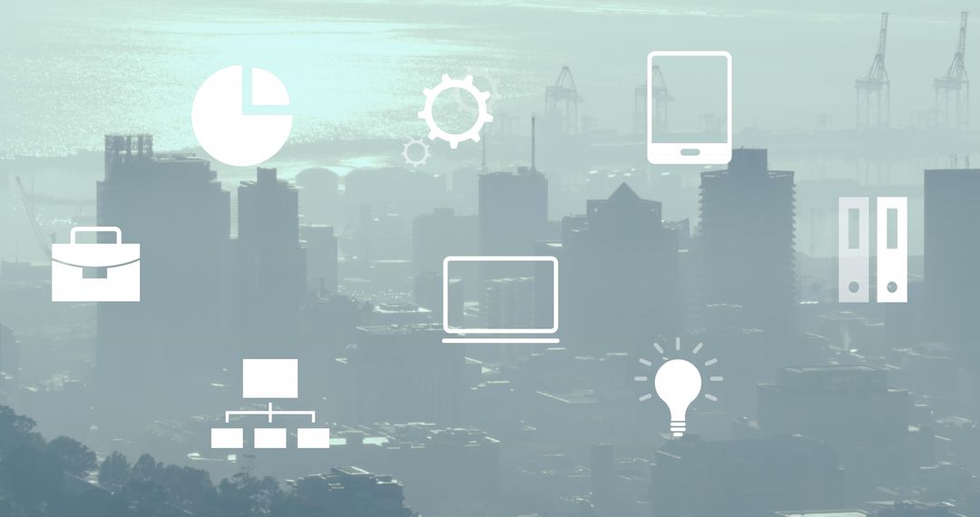 Digital Data Icons Seamlessly Integrated Over Urban Cityscape