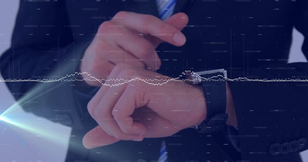 Business Professional Adjusting Smartwatch in Futuristic Setting