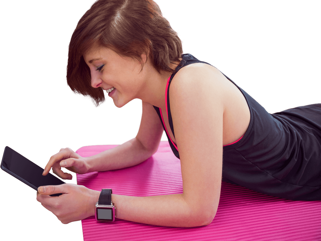 Smiling Woman Using Tablet on Transparent Mat