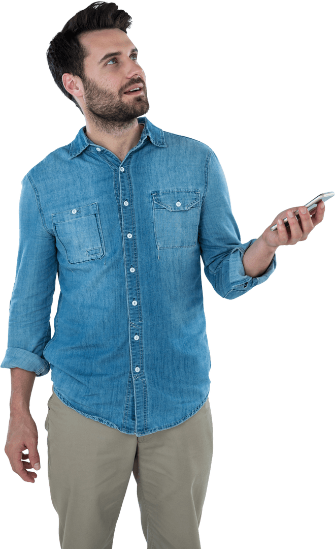 Young Man with Mobile Phone on Transparent Background, Looking Curious