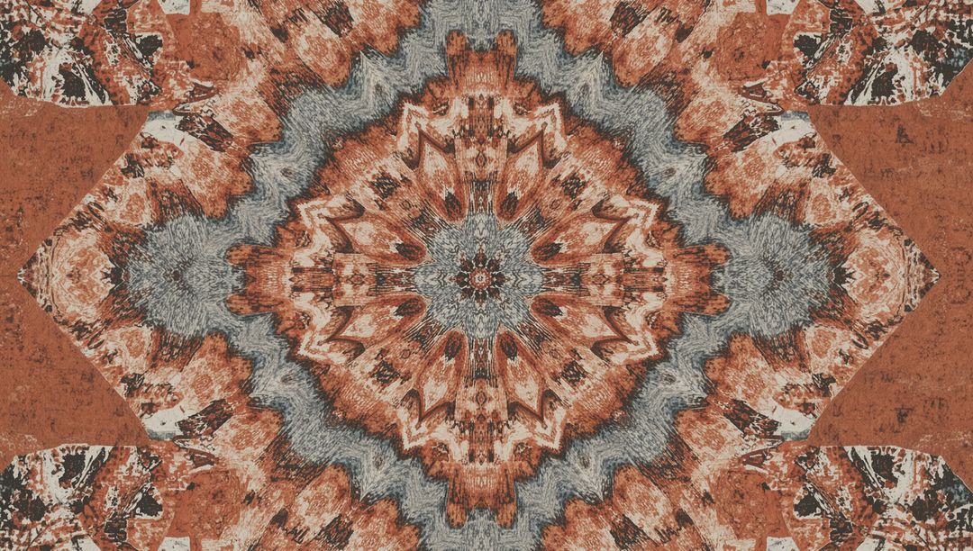 Earthy Symmetrical Kaleidoscopic Mandala on Weathered Tapestry