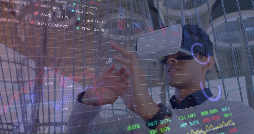 Businessman Utilizing VR Headset for Financial Analysis