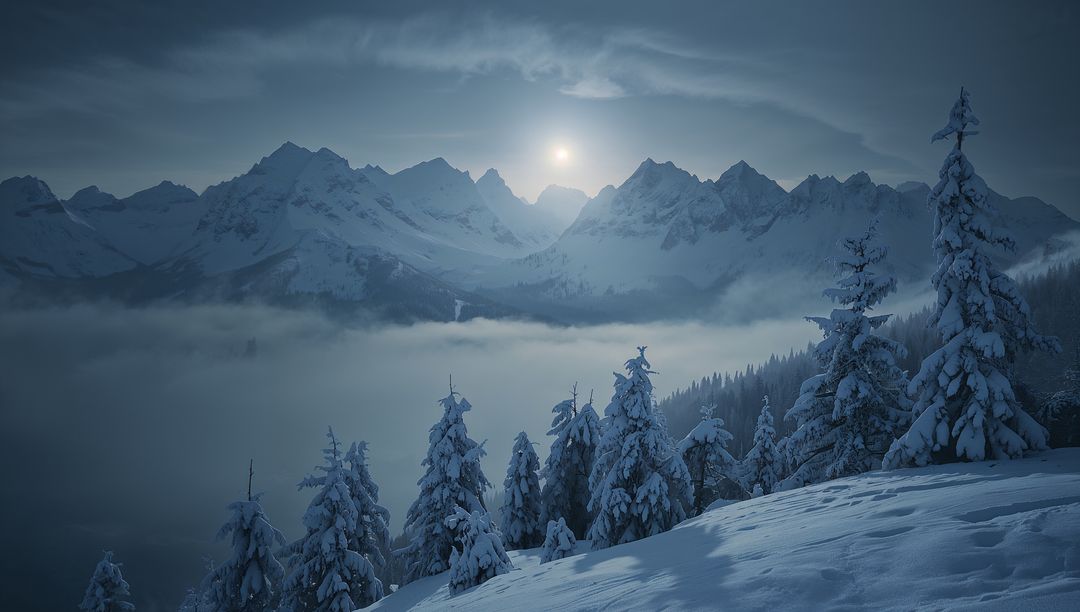 Moonlight Illuminating Snow-Covered Evergreens and Mist-Filled Alpine Valley
