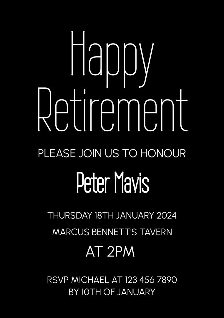 Happy retirement, please join us to honour text, with name and details in white on black background - Download Free Stock Templates Pikwizard.com