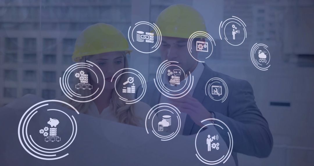 Engineers Analyzing Blueprint with Futuristic Technology Overlays