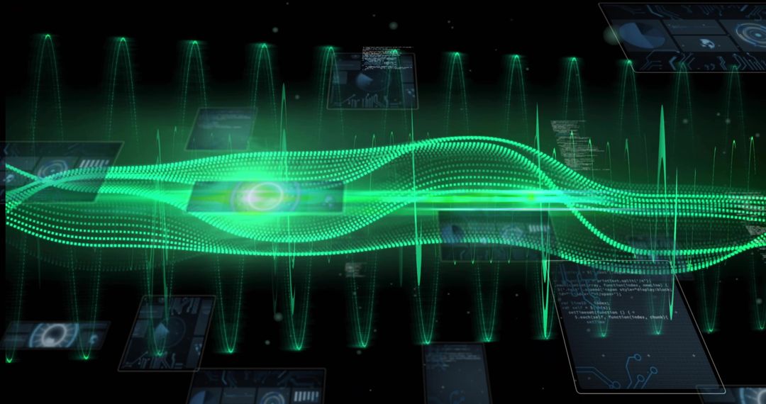Pulsing Neon-Green Waveform Flowing Across Futuristic Holographic Dashboard