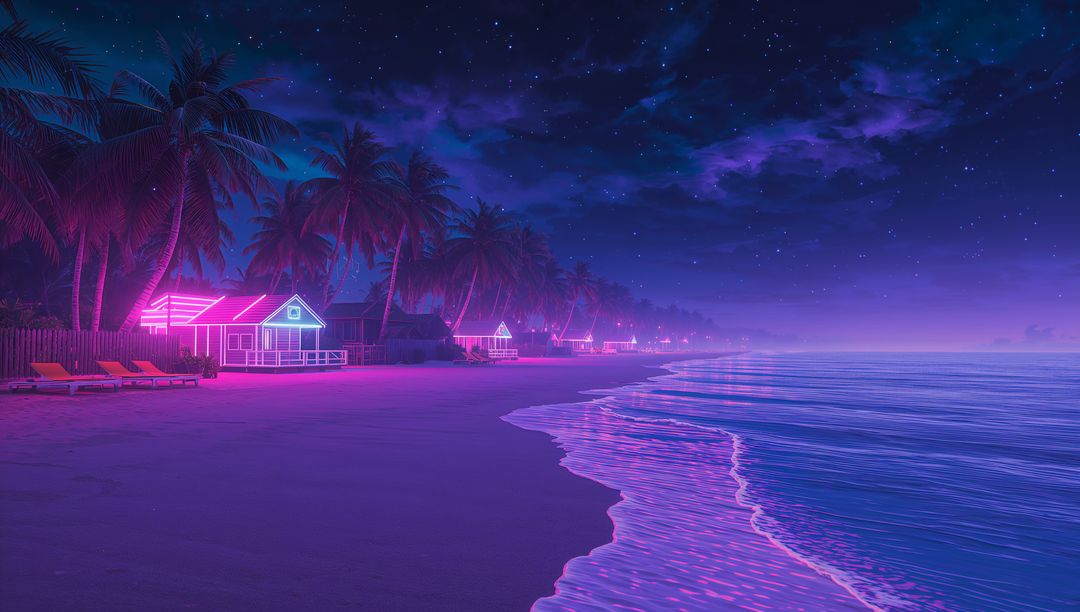 Neon-Lit Beach Cabins with Palm Trees Under Starry Night Sky
