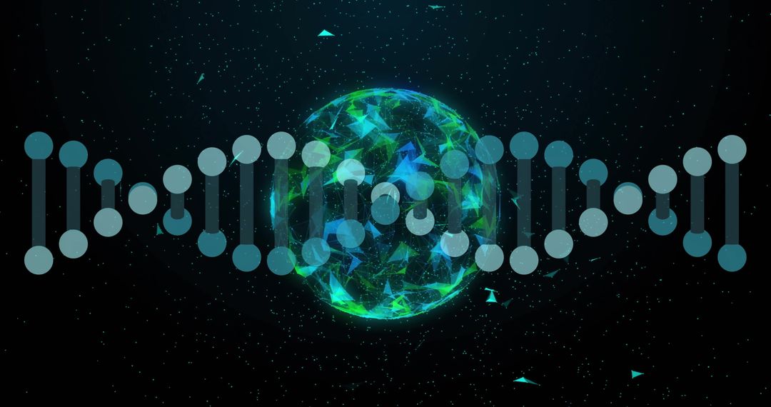 DNA Strand Overlay with Glowing Particles and Globes