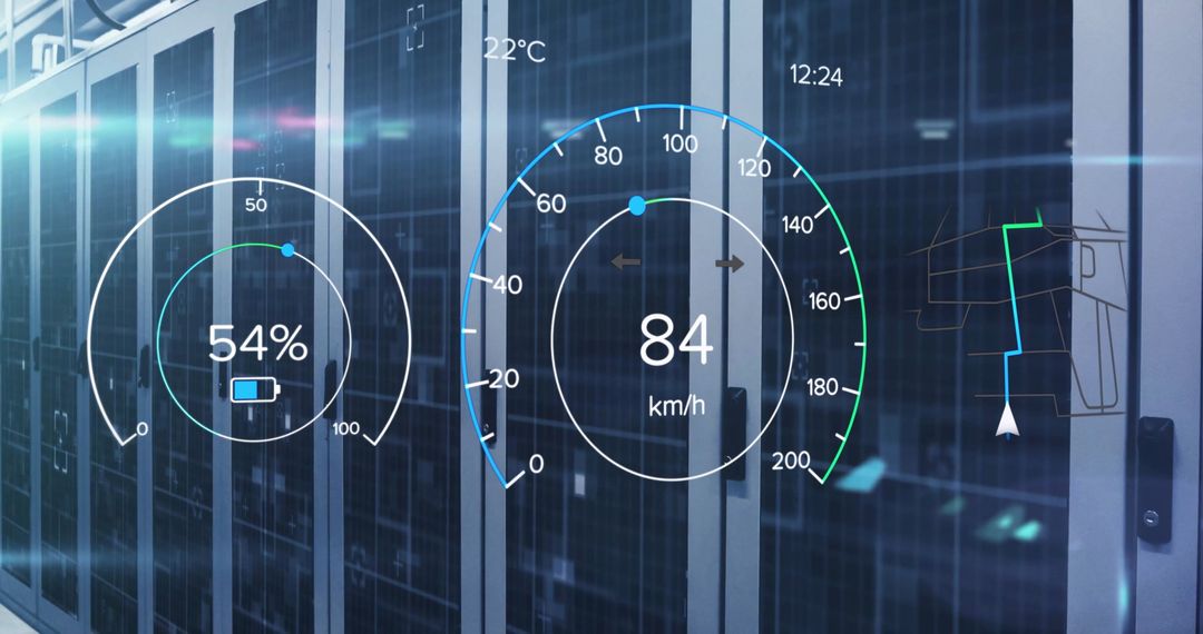 Digital Data Indicators over Server Room with Futuristic Display