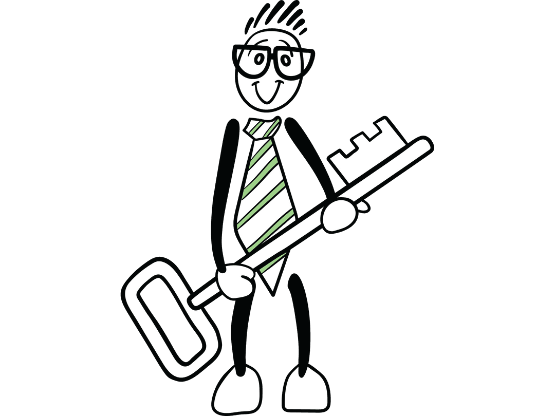 Cheerful Cartoon Character Holding Oversized Key