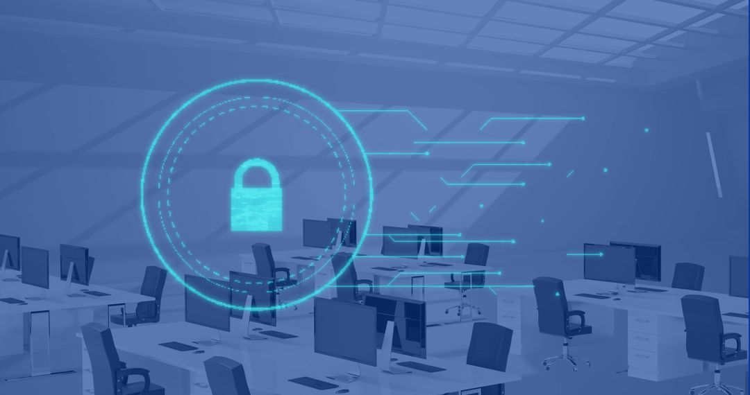 Holographic Padlock in Modern Office Representing Cybersecurity