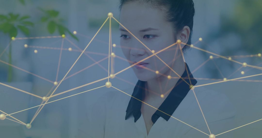 Focused Office Worker Analyzing Data with Network Overlay