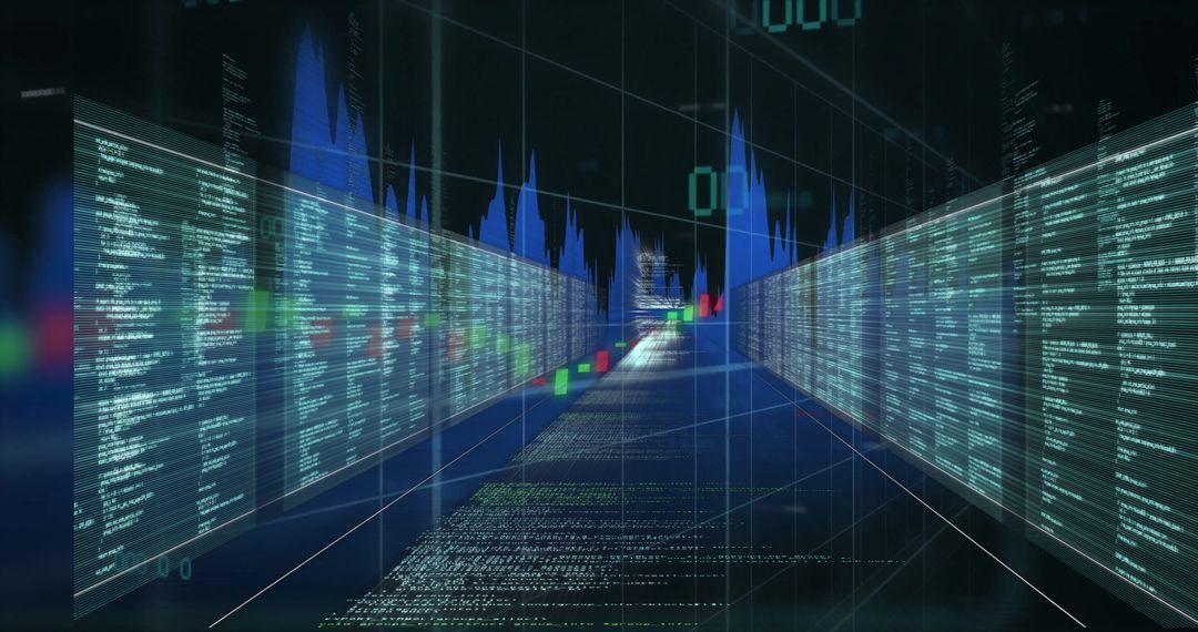 Futuristic Data Tunnel with Code Panels and Visual Analytics