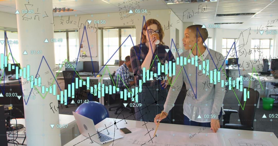 Colleagues Analyzing Financial Data with Overlay Charts in Modern Office