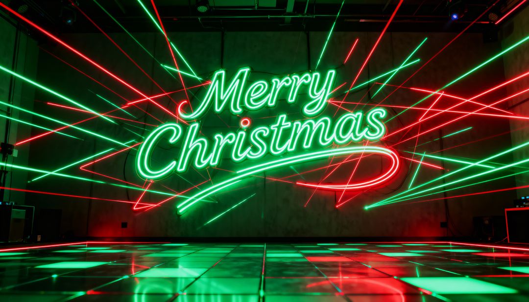 Glowing Merry Christmas Neon Sign Casting Red and Green Laser Beams over Reflective Floor
