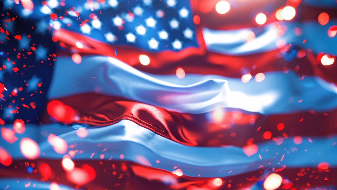 Waving American Flag with Vibrant Red and Blue Bokeh
