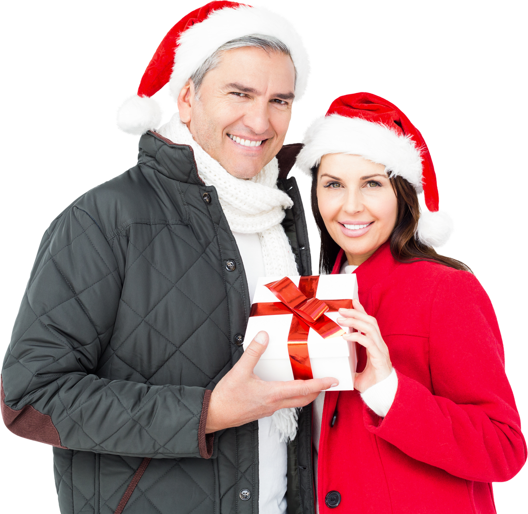 Festive Couple Holding Christmas Gift with Santa Hats Transparent Background - Download Free Stock Images Pikwizard.com