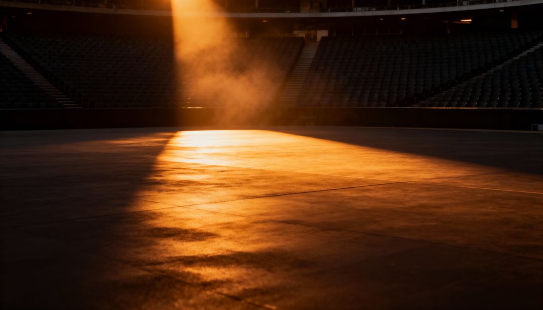 Golden Spotlight Casting Over Empty Arena Floor with Mist and Reflections