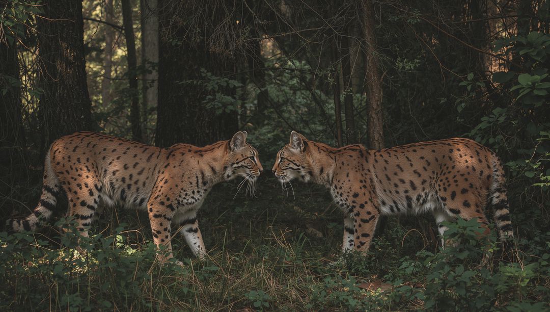Pair of Lynx Facing Each Other on Leaf-Littered Forest Floor in Shadowed Woodland