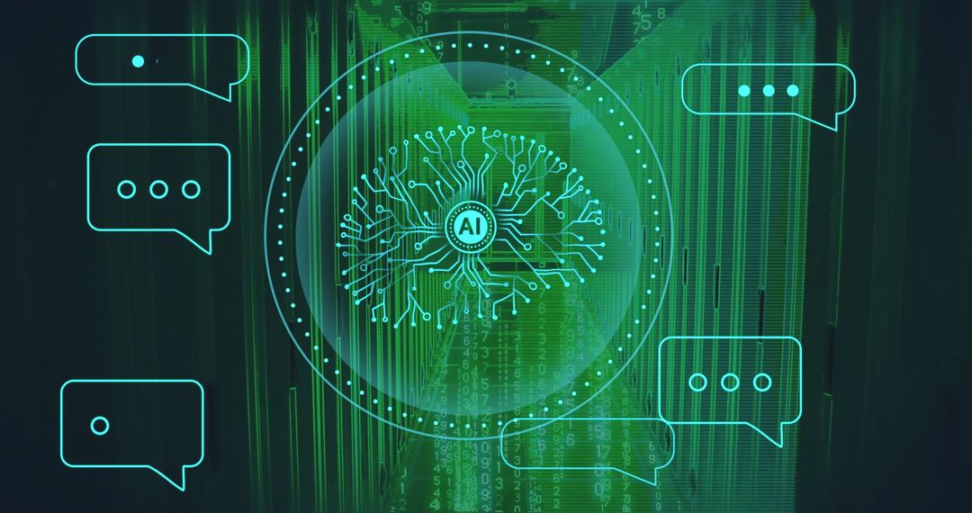 AI Technology and Digital Communication in Glowing Server Room