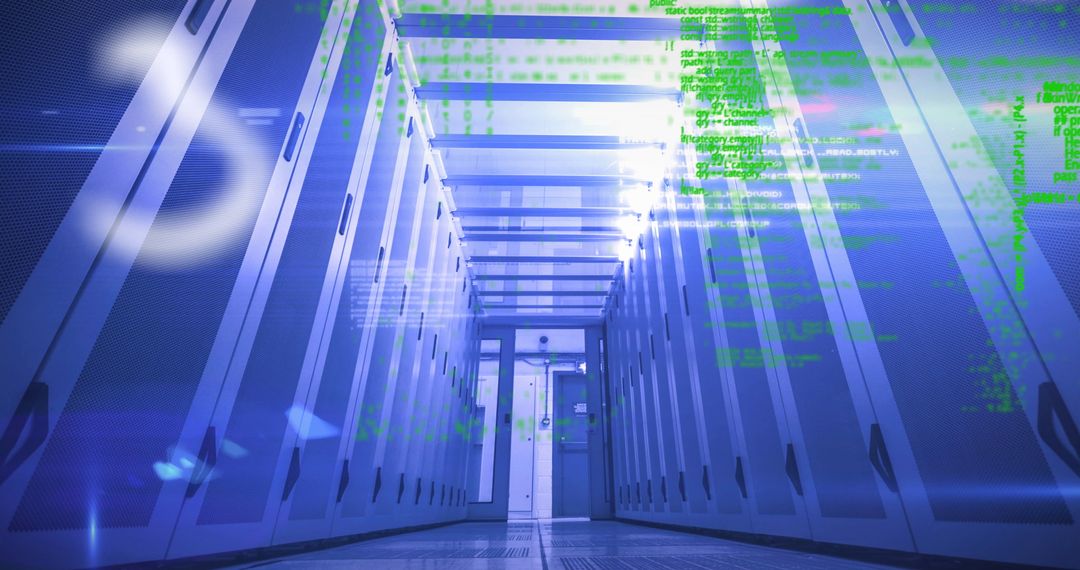 Digital Code Overlay on Futuristic Server Room