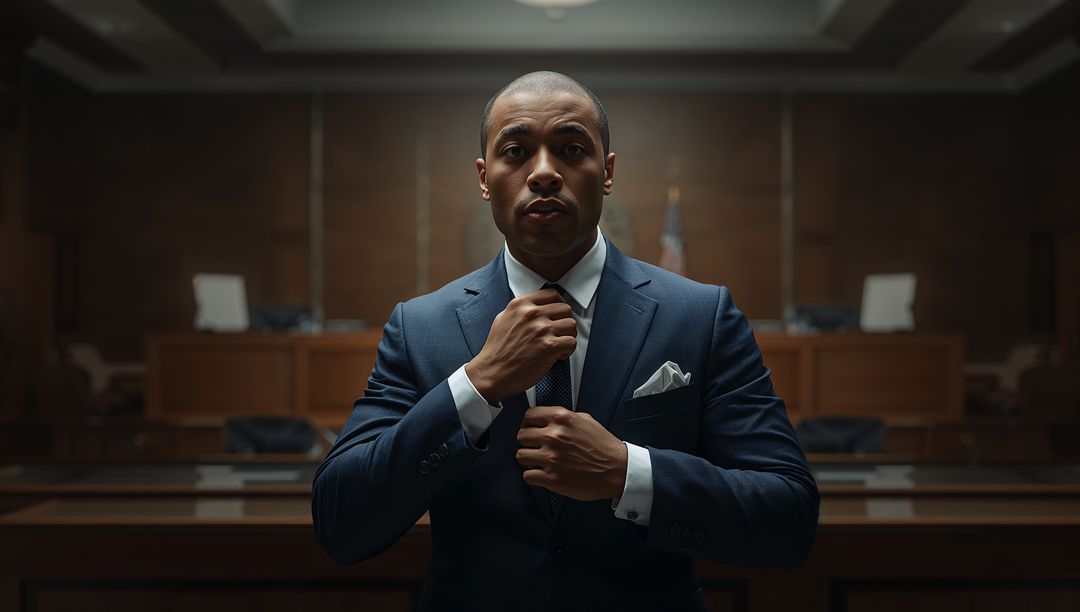 Attorney adjusting tie in courtroom, confident professional preparing for trial