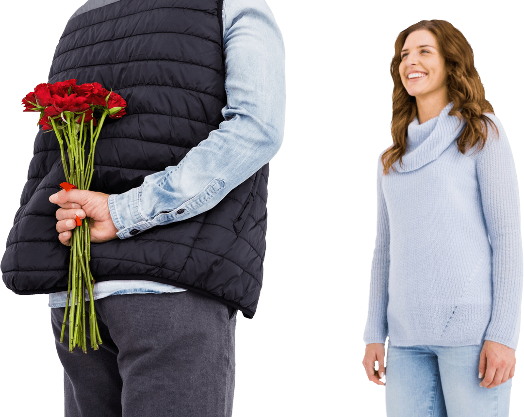 Man Hiding Roses Behind Back in Romantic Gesture Transparent