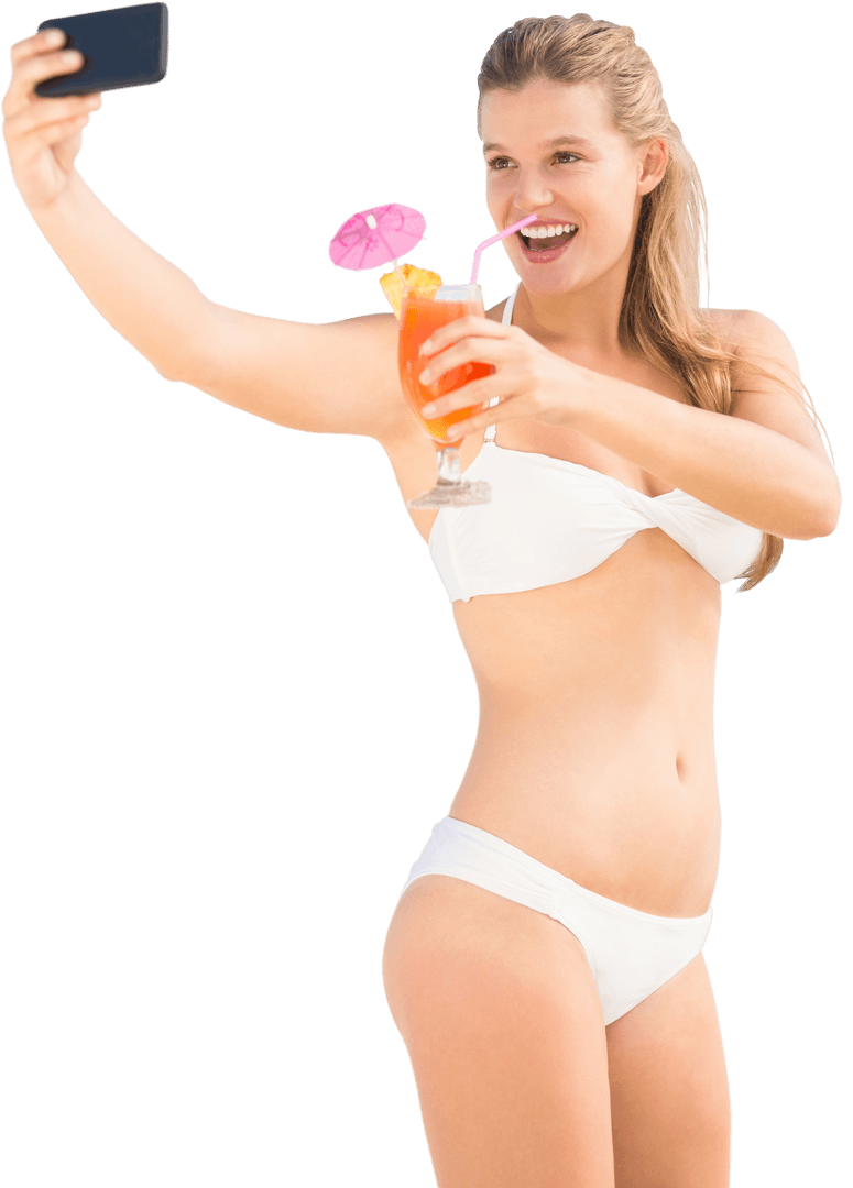 Caucasian Woman Taking Selfie with Tropical Drink on Transparent Background