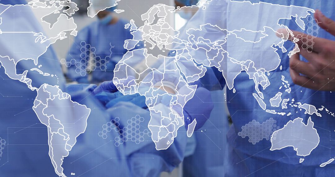 Global surgical team collaborating in operating room with digital world map overlay