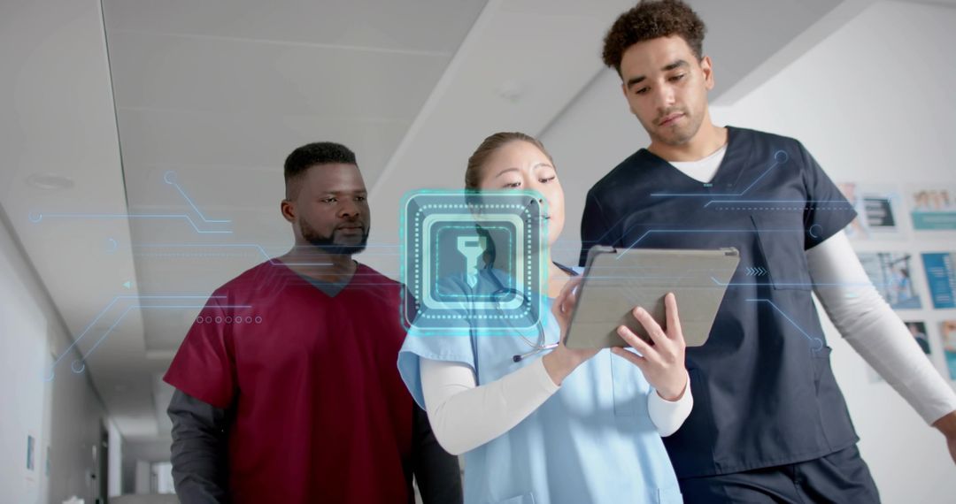 Healthcare Professionals Viewing Digital Security Lock Hologram
