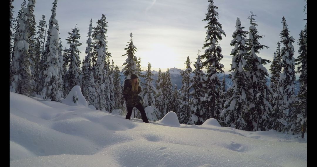 A hiker traverses a snowy forest landscape at dusk - Free Images, Stock Photos and Pictures on Pikwizard.com
