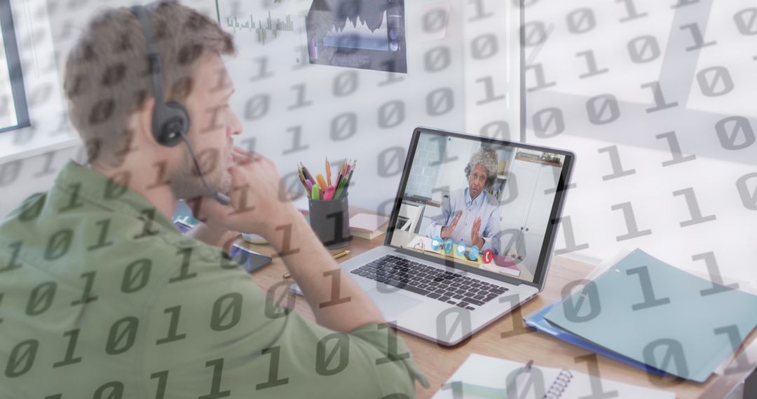 Businessman Video Calling with Digital Binary Code Overlay