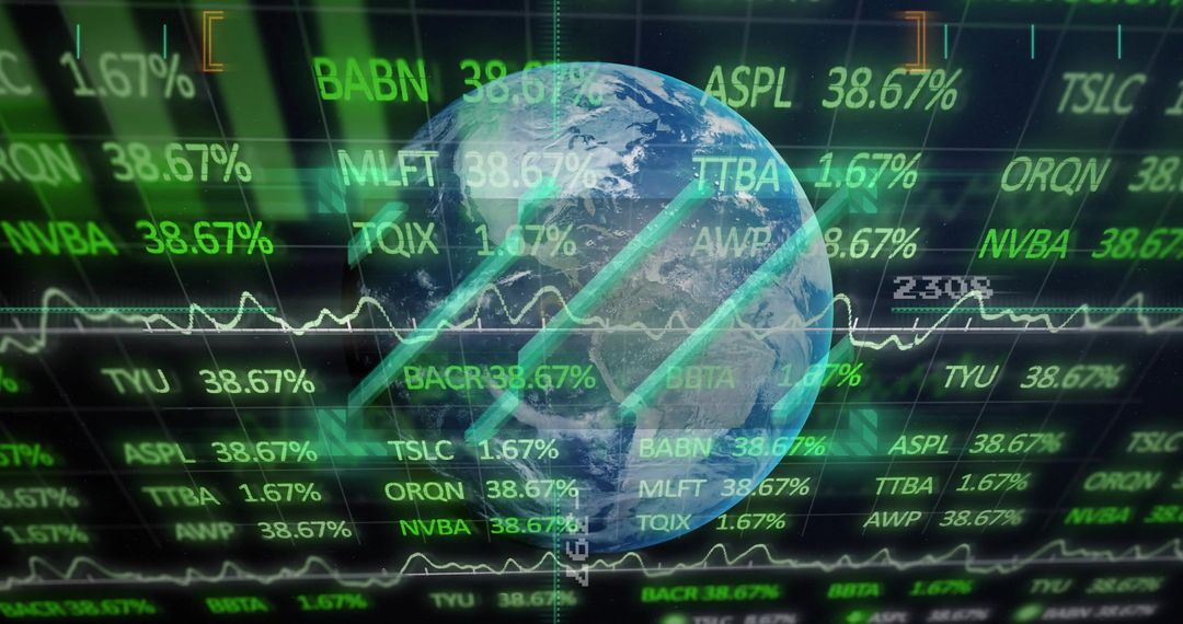 Global finance dashboard with translucent Earth globe, neon stock tickers and data HUD