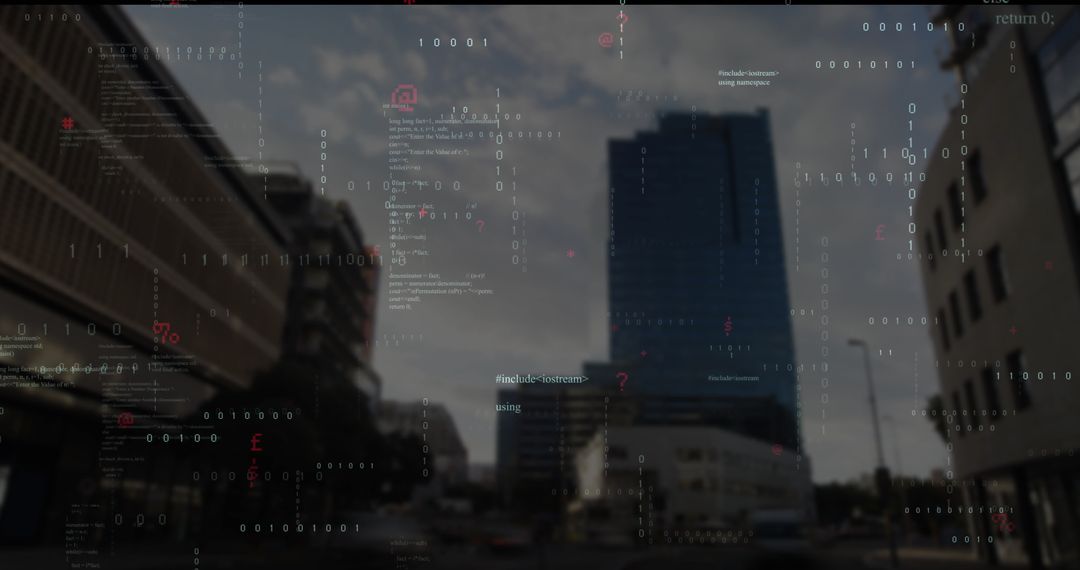 Digital Code Overlays on Modern City Intersection with Skyscraper