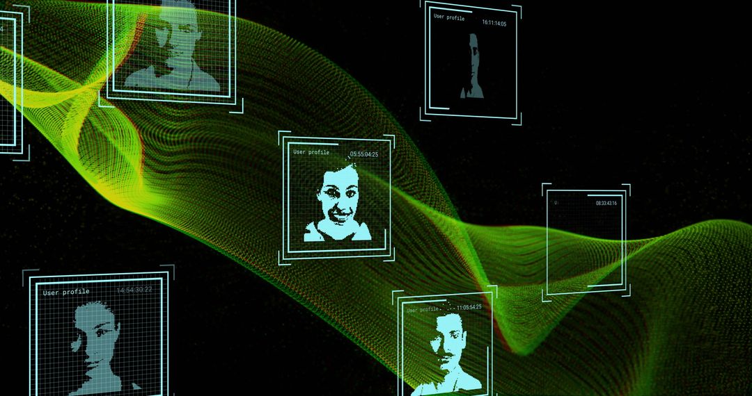 Digital Mesh Network of Profile Frames on Black Background