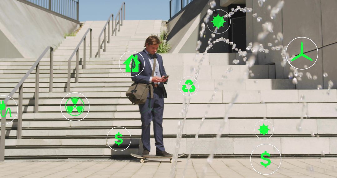Businessman balancing on skateboard checking smartphone on urban steps with green icons