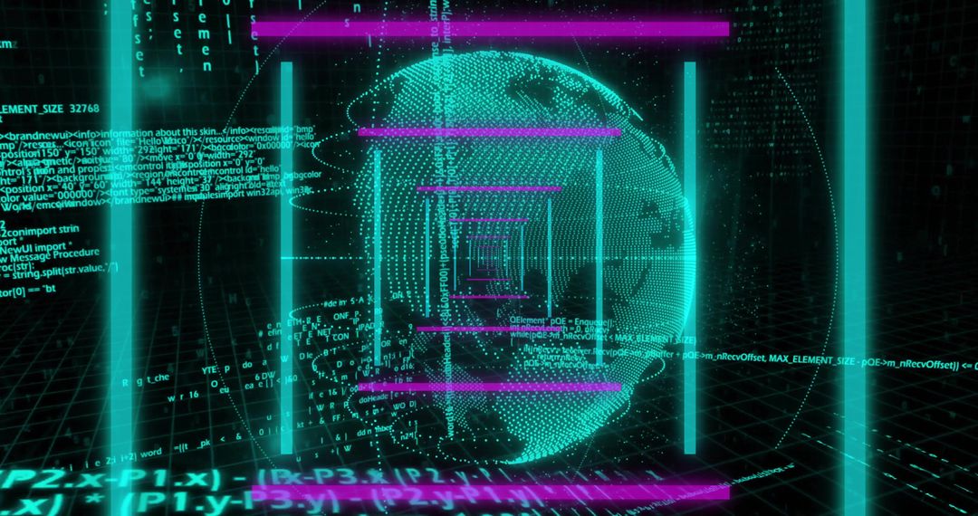 Holographic Globe with Code Streams in Futuristic Grid