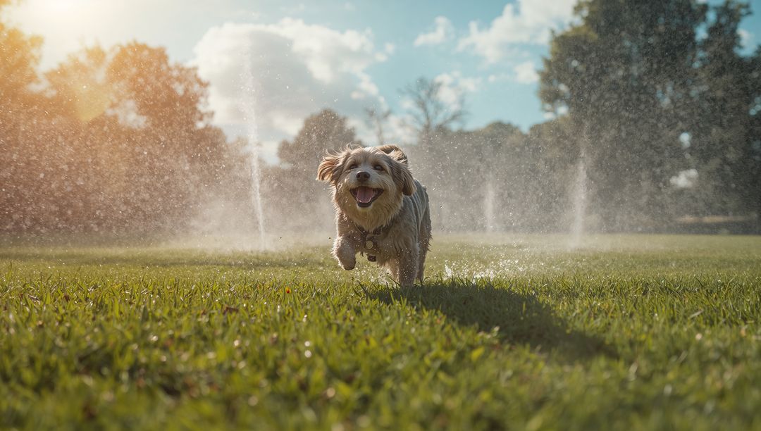 Joyful small dog running through sprinkler-splashed lawn at golden hour